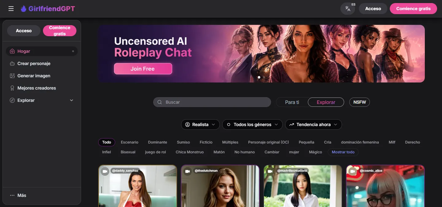 Página de inicio de GirlfriendGPT en español, con su catálogo de personajes