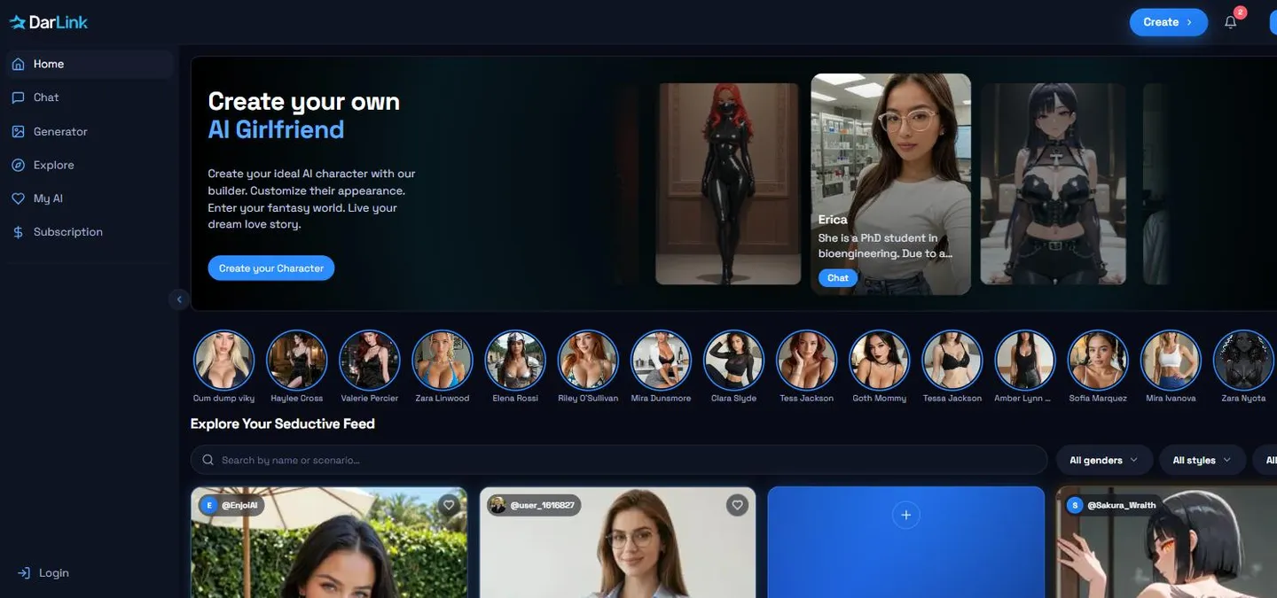 Página de inicio de DarLink AI, con su creador de personajes
