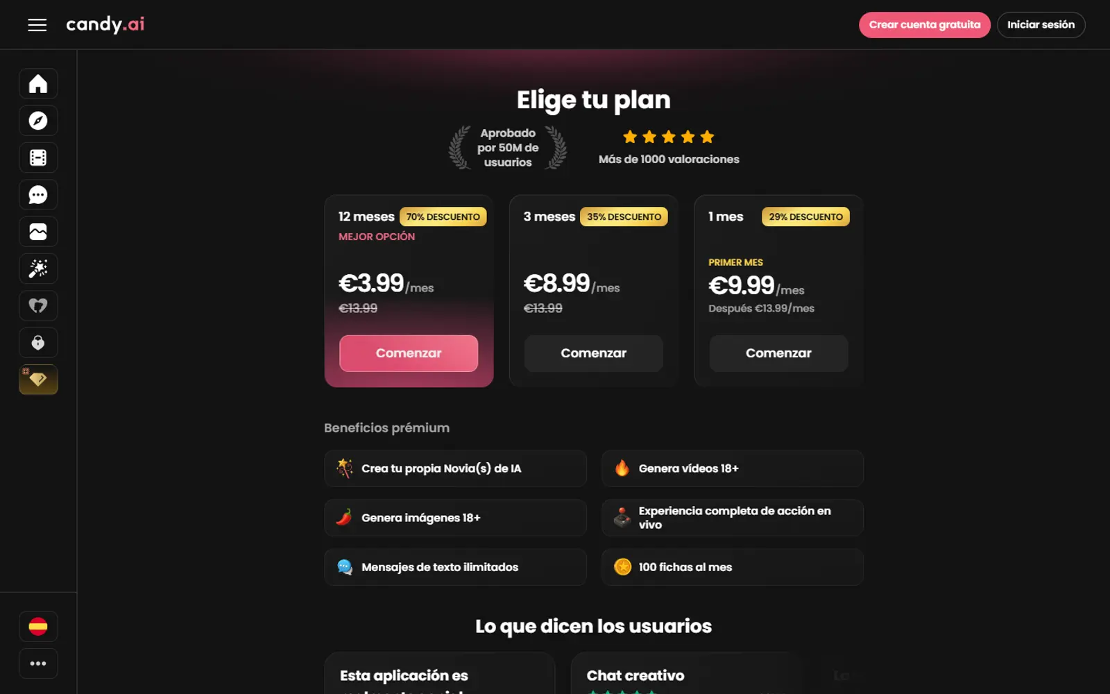Página de precios de Candy AI vista desde España