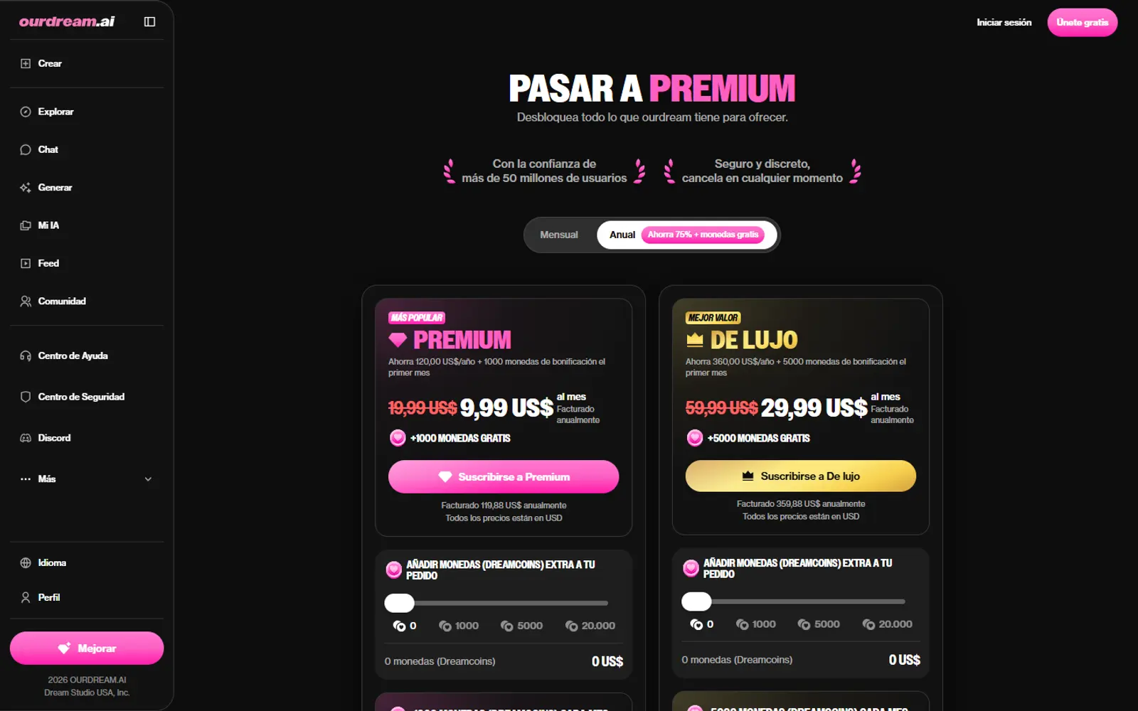 Página de precios de OurDream AI vista desde España