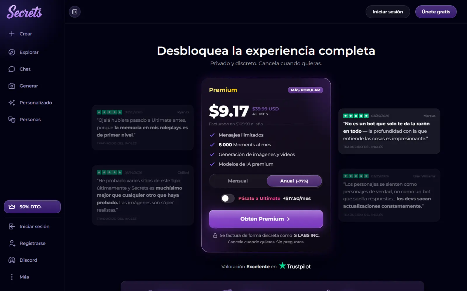 Página de tienda de Secrets AI vista desde España