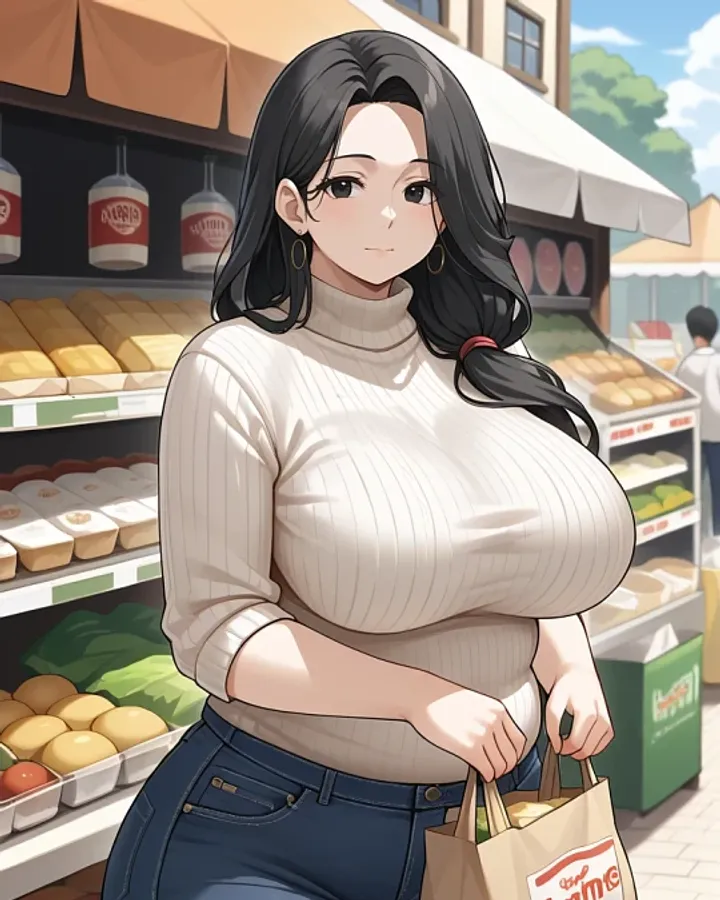 Personaje IA de estilo anime con jersey beige y bolsa de la compra en un mercado, de Candy AI