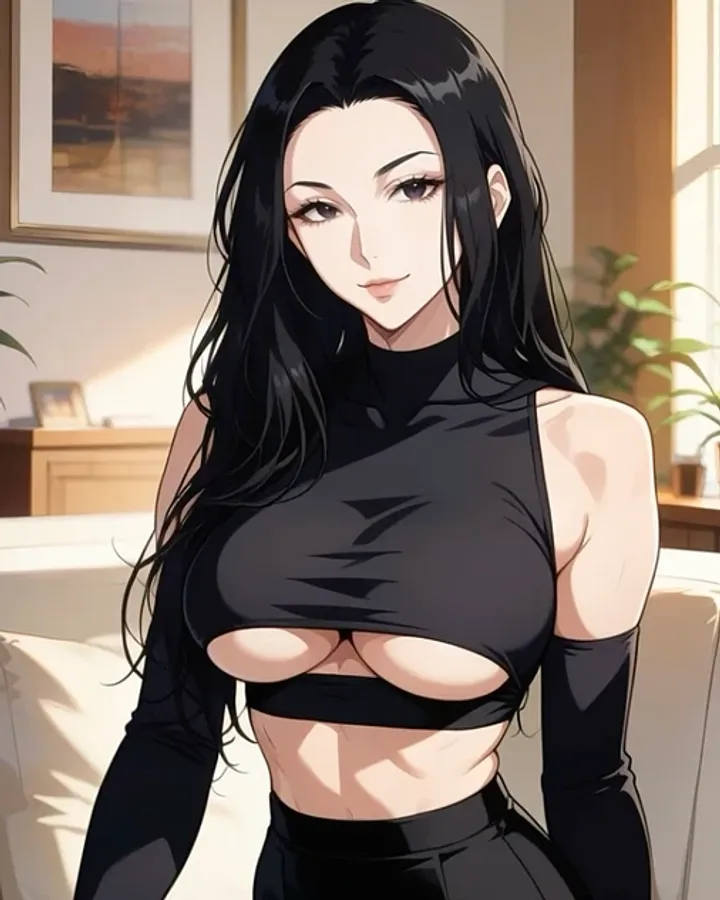 Personaje IA de estilo anime de pelo negro largo con top y falda negros, de Candy AI