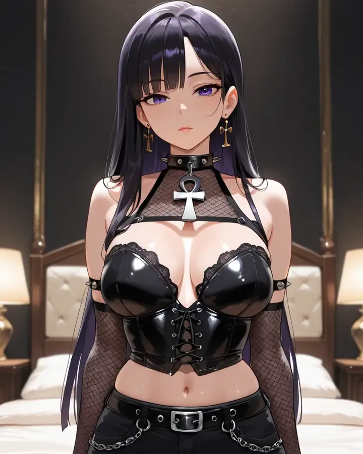 Personaje IA de estilo anime con corsé negro de estética gótica, de DarLink AI