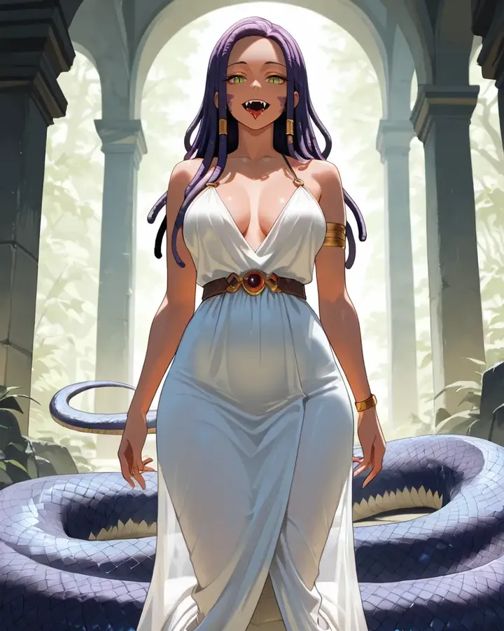 Personaje IA de estilo fantasía con cola de serpiente y vestido blanco en un templo, de DarLink AI