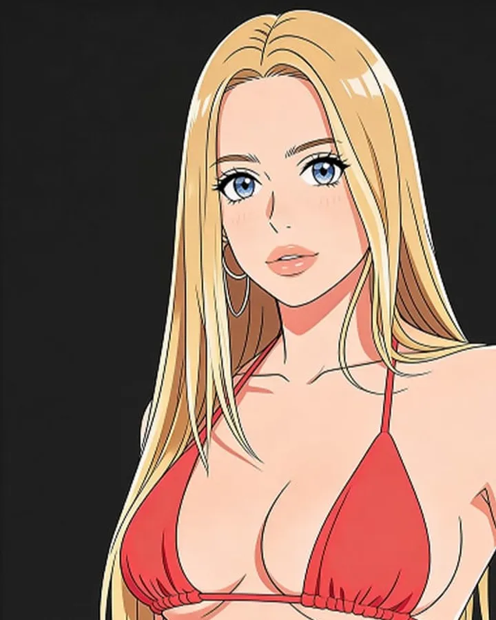Personaje IA de estilo anime, rubia con bikini rojo, del creador de personajes de JOI