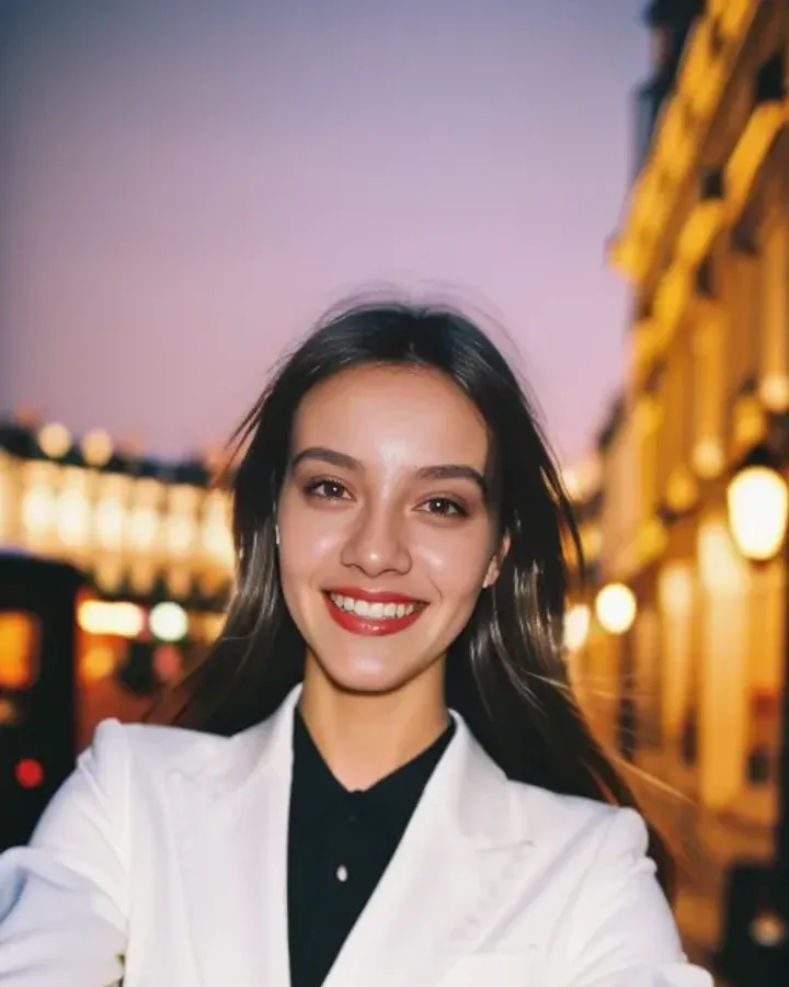 Personaje IA sonriente con americana blanca en una calle iluminada de noche, de Promptchan