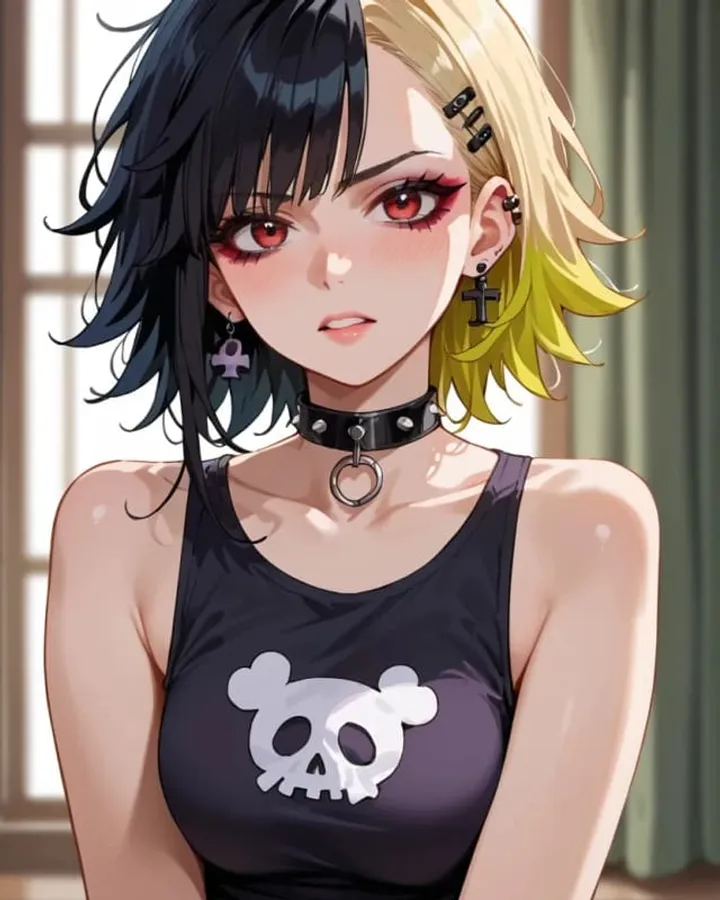 Personaje IA de estilo anime con pelo negro, mechas rubias y gargantilla, de Promptchan