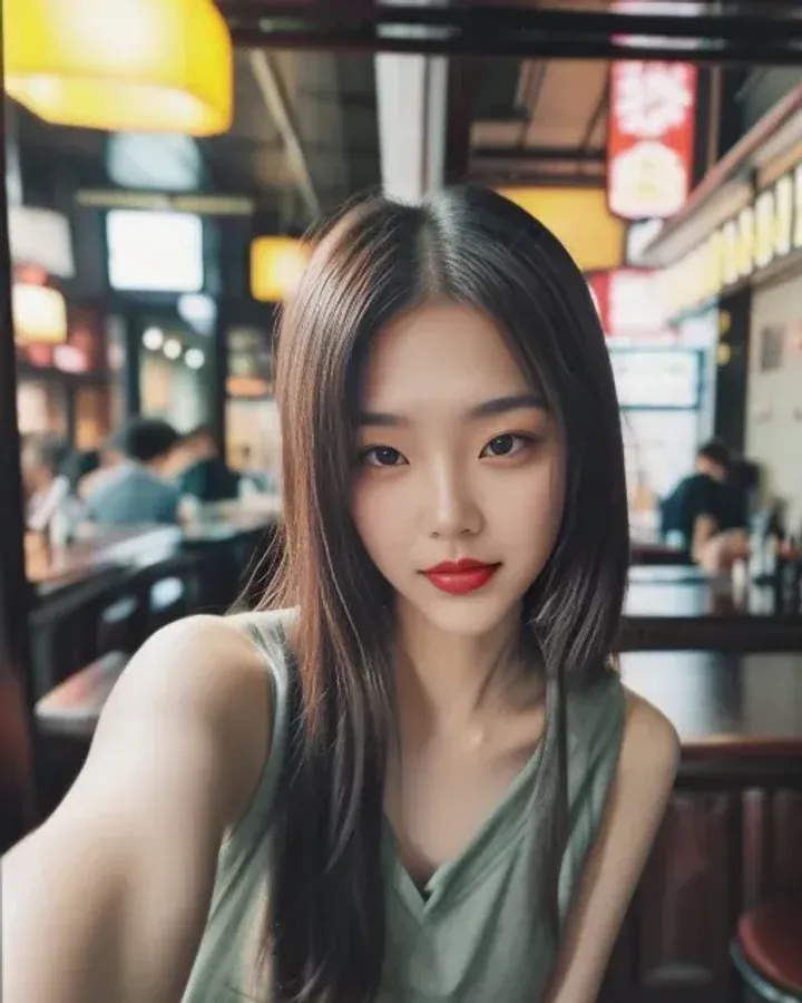 Personaje IA asiática con camiseta de tirantes verde en una cafetería, de Promptchan