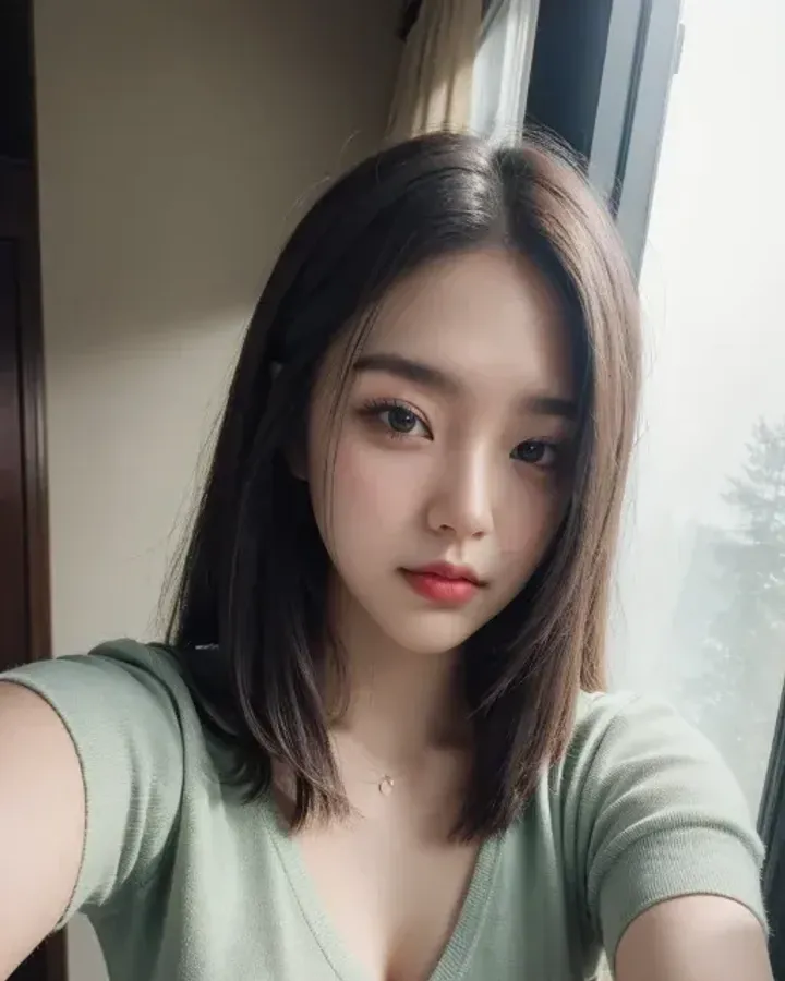 Personaje IA asiática con camiseta verde haciéndose un selfi junto a una ventana, de Promptchan
