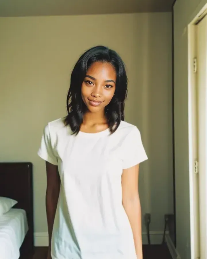 Personaje IA con camiseta blanca de pie en una habitación, de Promptchan