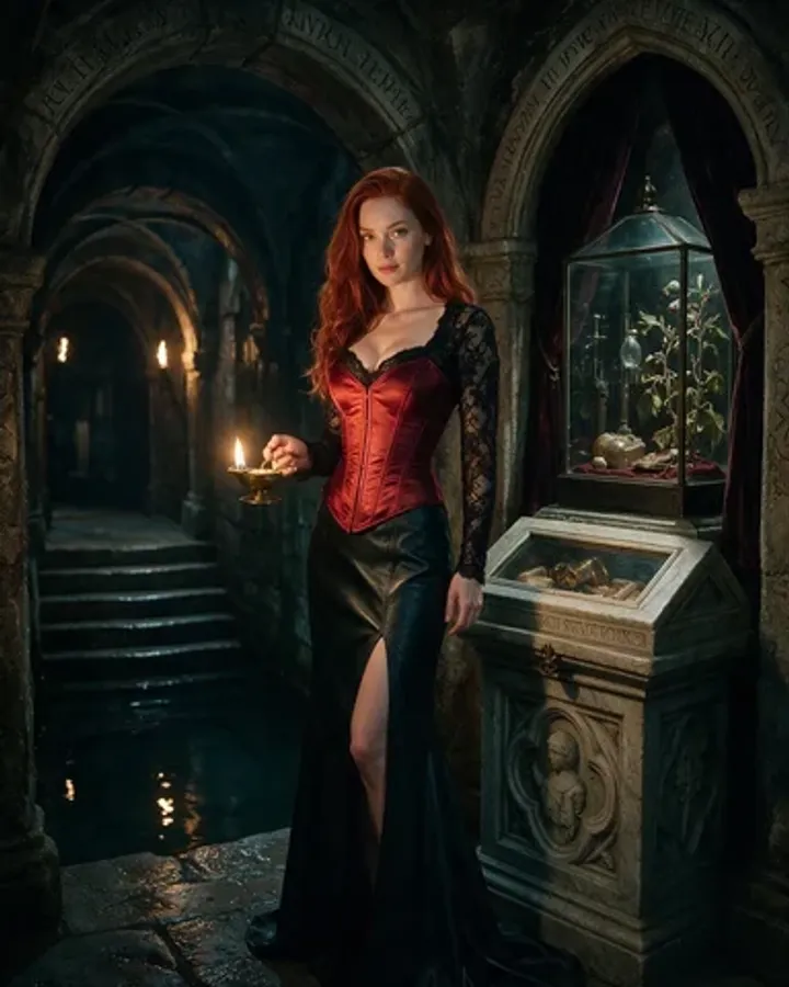 Compañera IA pelirroja con corsé rojo en un castillo, de Secrets AI