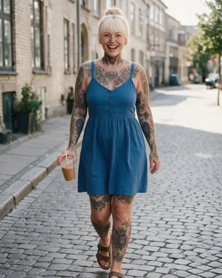 Compañera IA con tatuajes y vestido azul por la calle, de Secrets AI